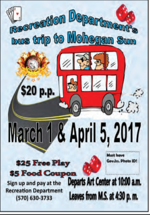 April 5, 2017:  Hideout Community Bus Trip to Mohegan Sun Casino!