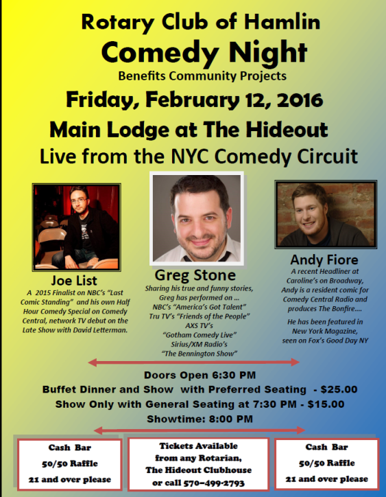 Rotary Club of Hamlin hosts Comedy Night!  February 12, 2016