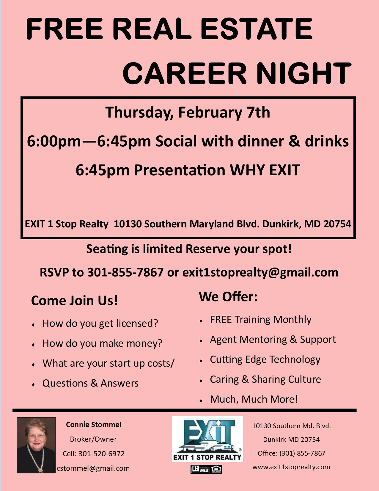 FREE Real Estate Career Night- EXIT 1 Stop Realty, Dunkirk MD